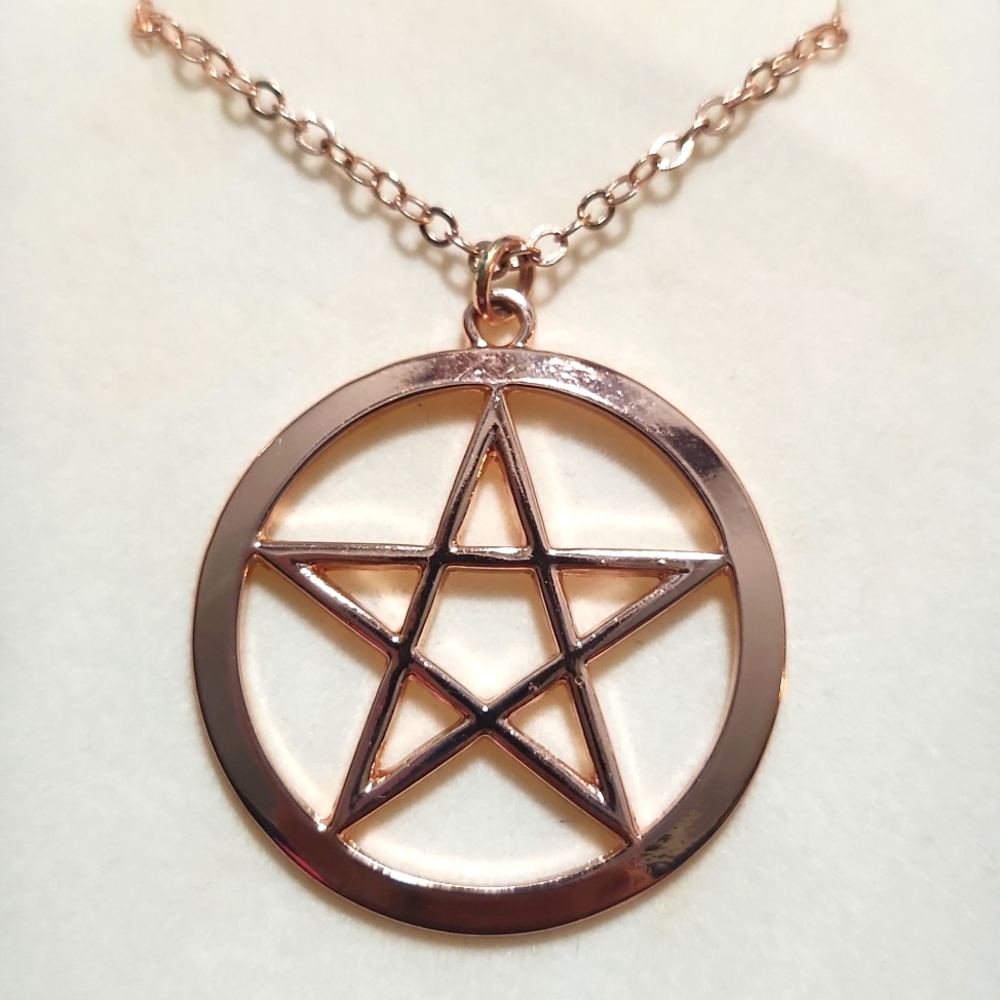 Large Pentacle pendant w/ chain, Rose Gold tone necklace, pagan, wiccan, witch